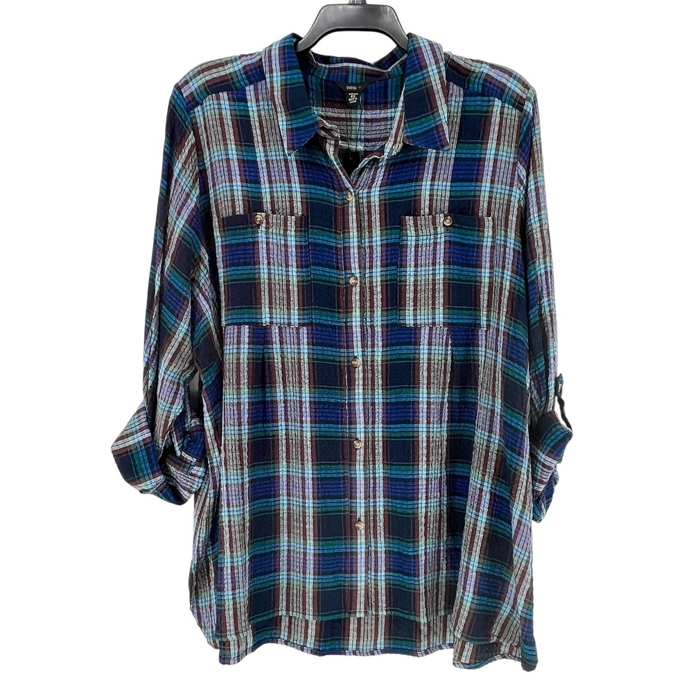 Intro Shirt Womens 3X Blue Green Plaid Button Up‎ Long Sleeve Roll Tab Pockets